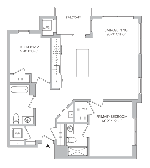 Floor plan for 2 beds, 2 baths, 1047 sqft